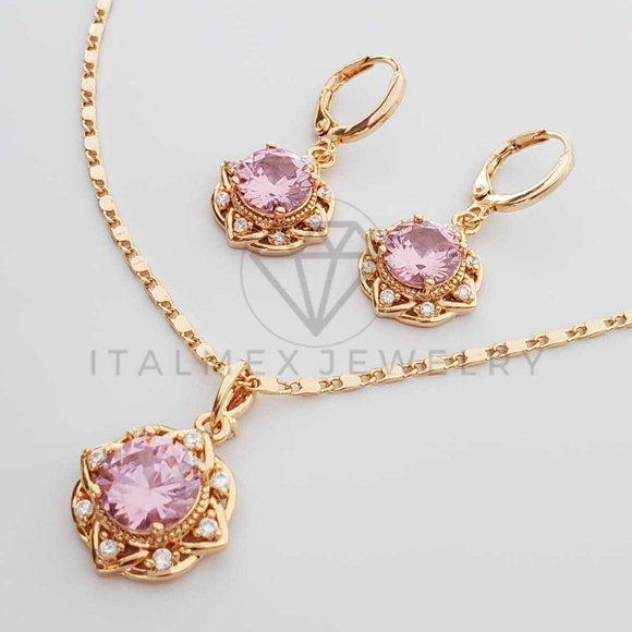 18K Gold Plated Flower Pink CZ Set - Picture 5 of 8
